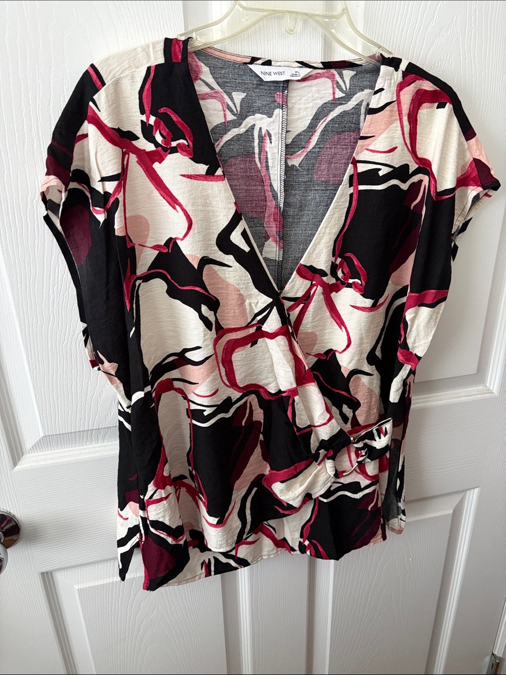 Nine West Black, Pink & Cream Abstract Surplice Top